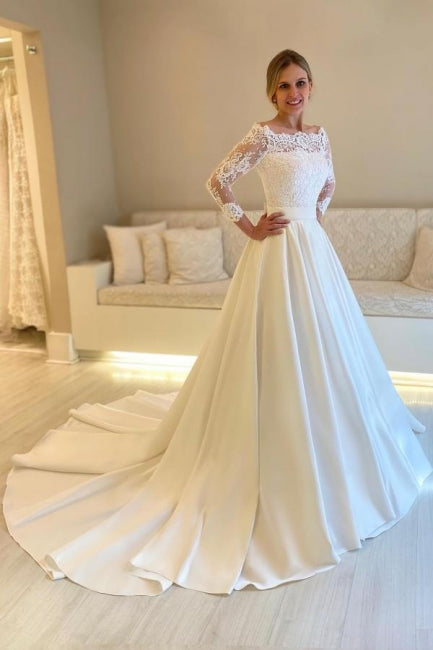 Designer A-Line Satin Lace Long Sleeve White Wedding Dress With Appliques