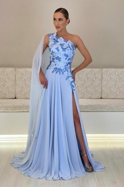 Designer A-Line Satin One Shoulder Sleeveless Prom Dresses With Appliques Split