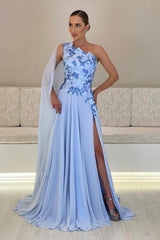 Designer A-Line Satin One Shoulder Sleeveless Prom Dresses With Appliques Split