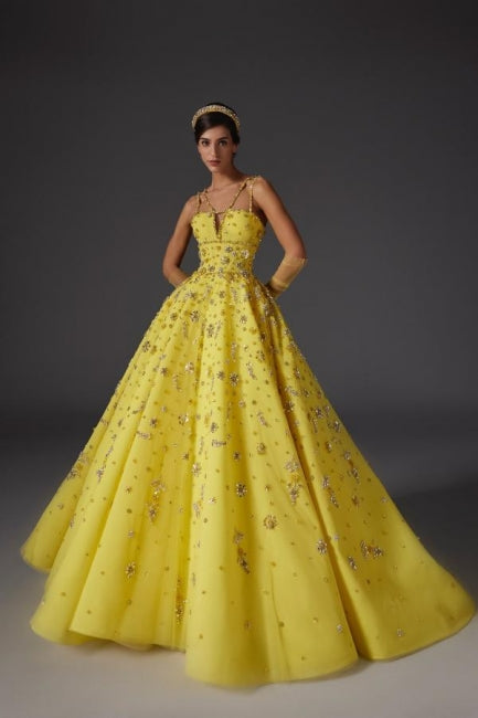 Designer A-Line Satin V-Neck Sleeveless Yellow Prom Dresses With Beading