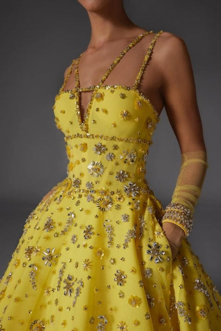 Designer A-Line Satin V-Neck Sleeveless Yellow Prom Dresses With Beading