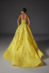 Designer A-Line Satin V-Neck Sleeveless Yellow Prom Dresses With Beading