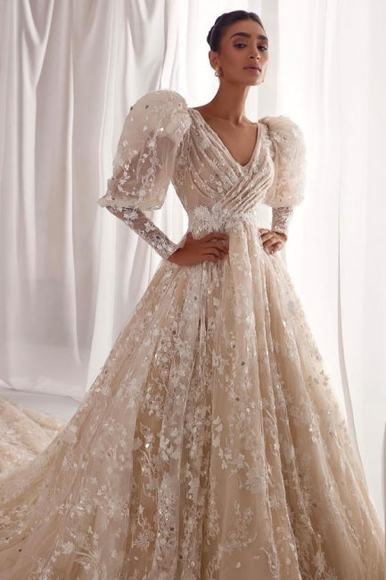 Designer A-Line Tulle Lace V-Neck Long Sleeve Wedding Dress With Appliques Ruffles