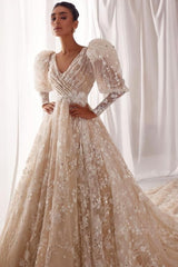 Designer A-Line Tulle Lace V-Neck Long Sleeve Wedding Dress With Appliques Ruffles