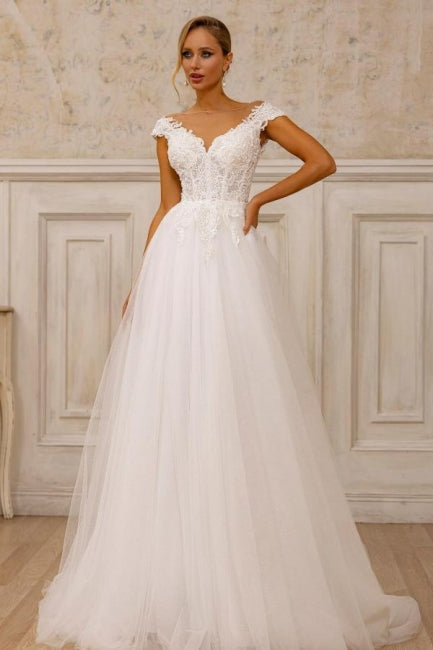 Designer A-Line Tulle Lace V-Neck Sleeveless White Wedding Dress With Appliques