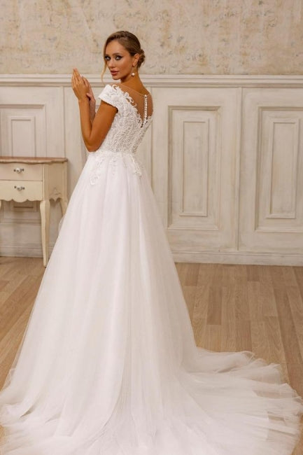 Designer A-Line Tulle Lace V-Neck Sleeveless White Wedding Dress With Appliques