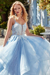 Designer A-Line Tulle Satin Scoop Sleeveless Prom Dress With Rhinestone