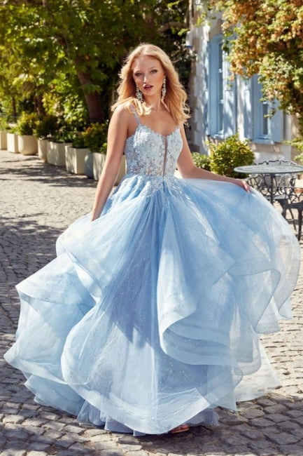 Designer A-Line Tulle Satin Scoop Sleeveless Prom Dress With Rhinestone