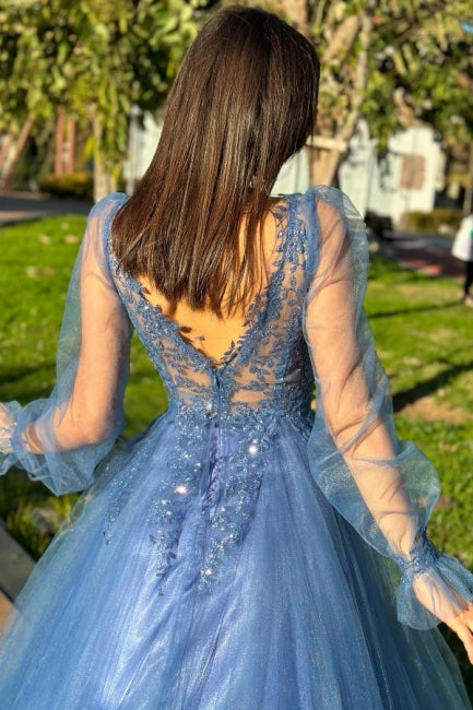 Designer A-Line Tulle V-Neck Long Sleeve Prom Dress With Appliques