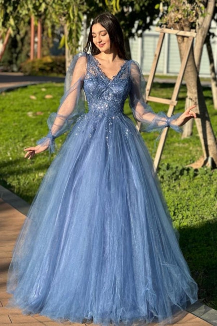 Designer A-Line Tulle V-Neck Long Sleeve Prom Dress With Appliques