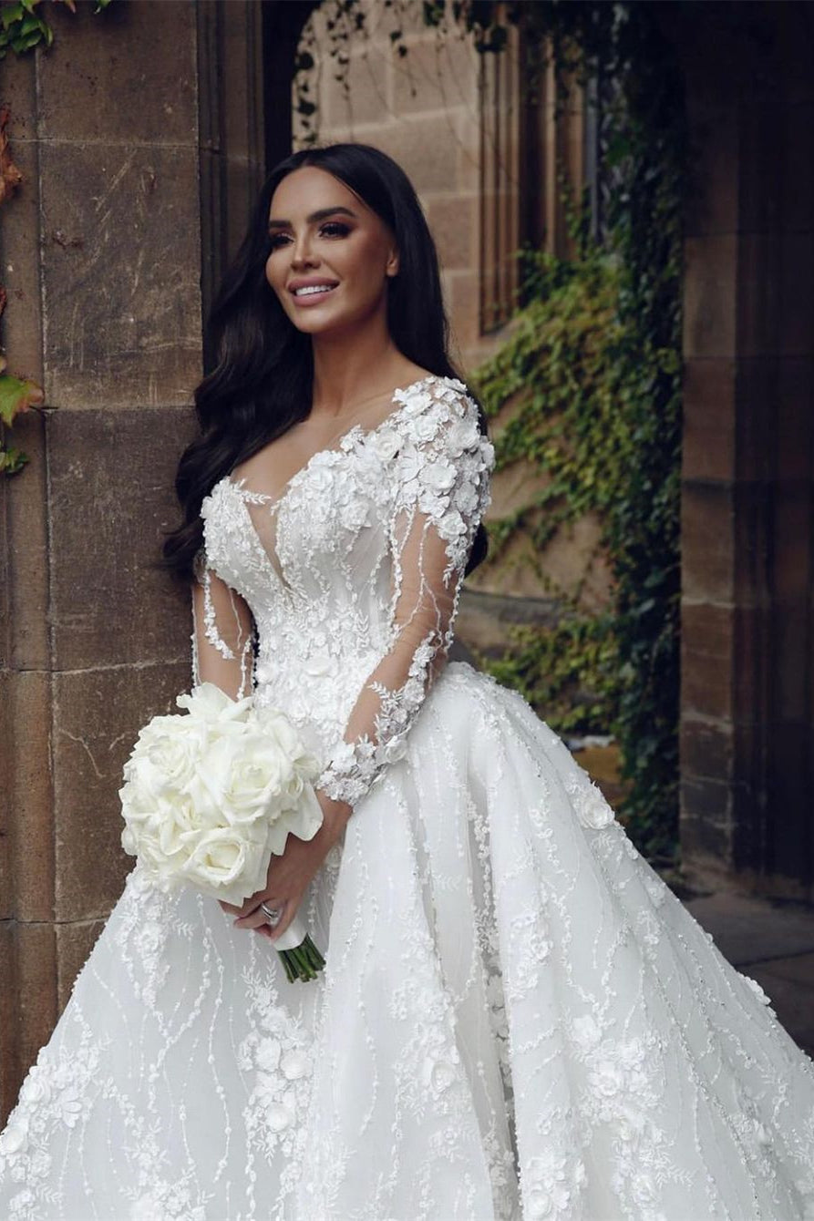 Designer A-line White Long Sleeves Lace Appliques Wedding Dress With Train-misshow.com