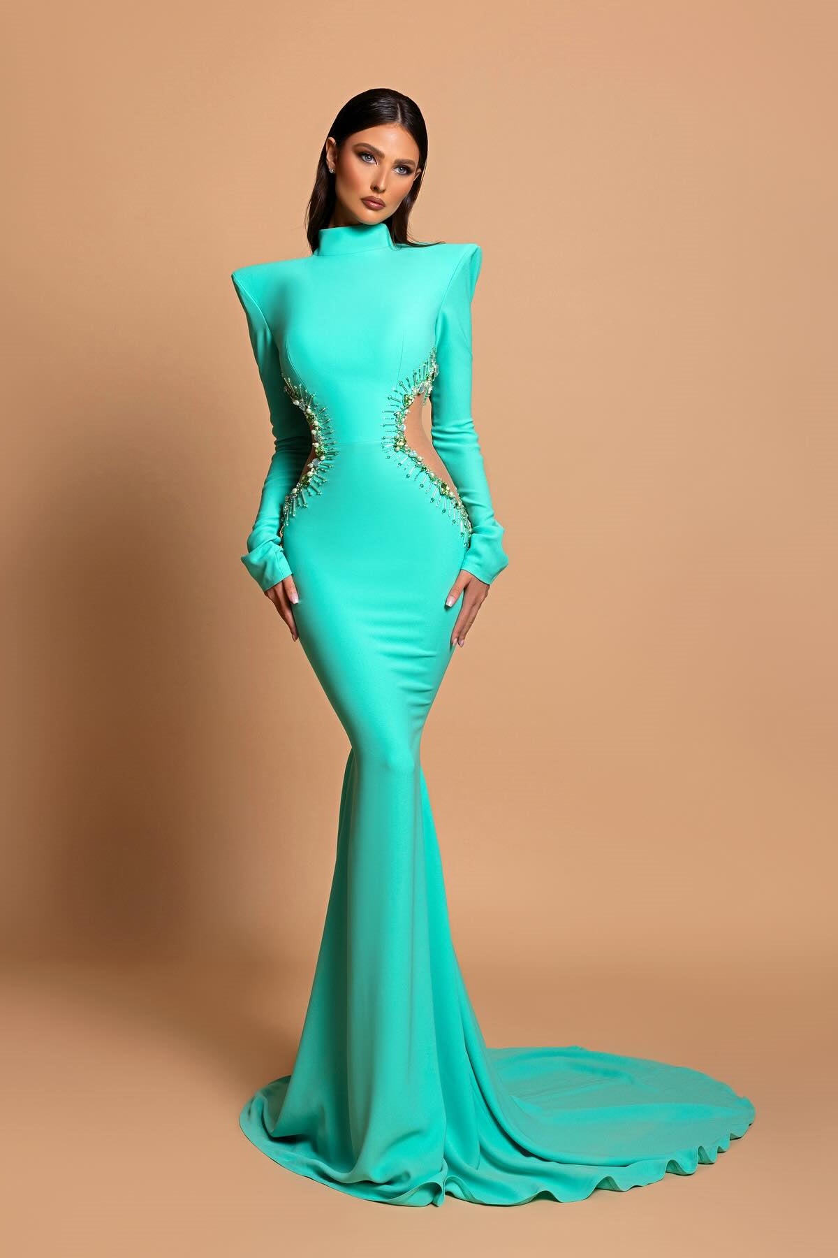 Designer Column High Neck Long Sleeve Beading Satin Prom Dress