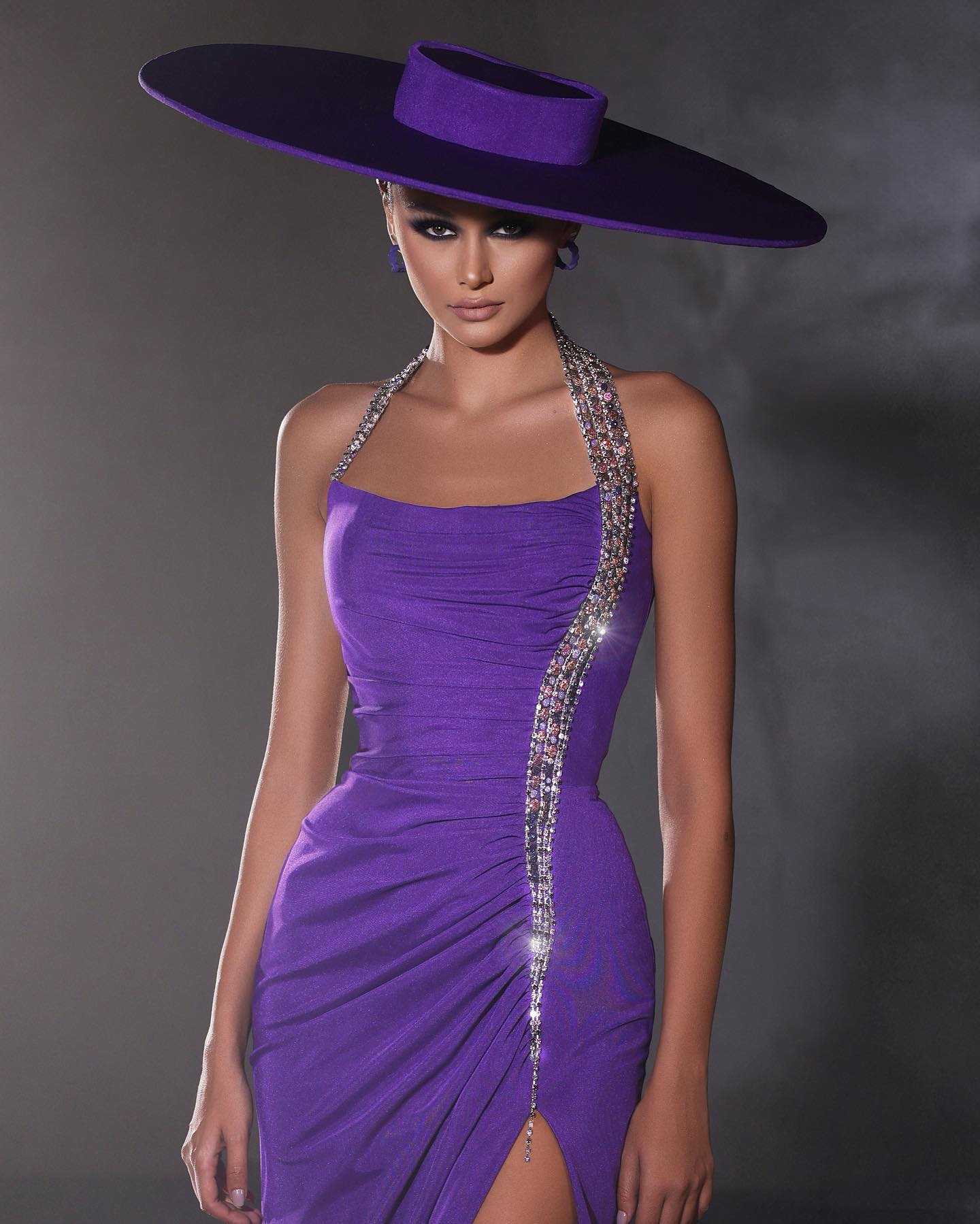 Designer Column Satin Halter Sleeveless Purple Prom Dress With Beading Split