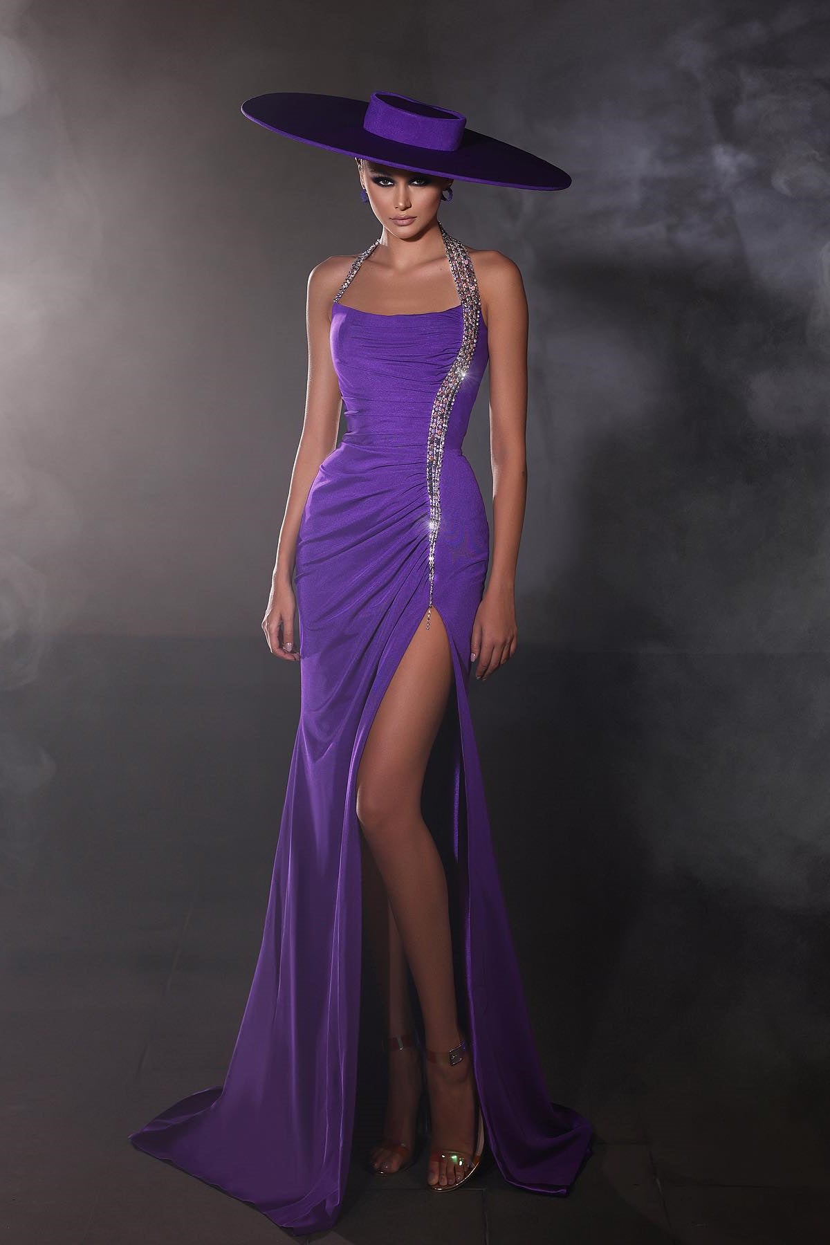 Designer Column Satin Halter Sleeveless Purple Prom Dress With Beading Split