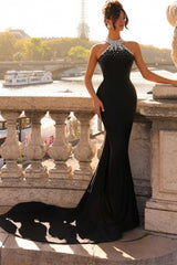 Designer Column Satin High Neck Sleeveless Black Prom Dresses With Beading