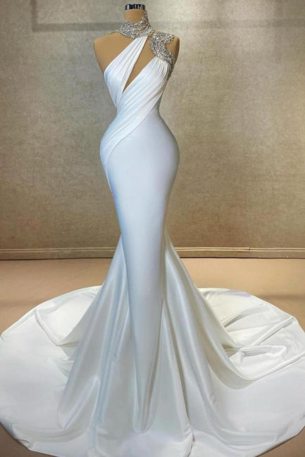 Designer Column Satin High Neck Sleeveless White Long Prom Dress With Ruffles