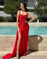 Designer Column Satin Off-The-Shoulder Sleeveless Prom Dress With Ruffles Split Front