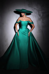 Designer Column Satin Off-The-Shoulder Sleeveless Prom Dress With Ruffles Train