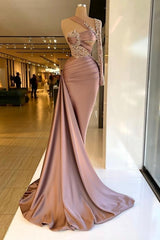 Designer Column Satin One Shoulder Long Sleeve Prom Dresses With Ruffles