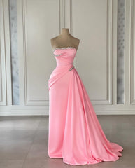 Designer Column Satin Strapless Sleeveless Pink Prom Dresses With Rhinestone