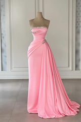 Designer Column Satin Strapless Sleeveless Pink Prom Dresses With Rhinestone