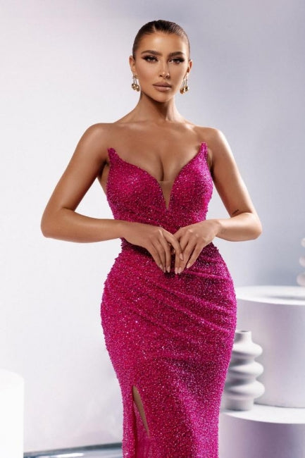 Designer Column Sequined V-Neck Sleeveless Prom Dress With Split Front