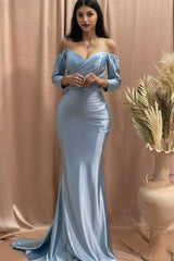 designer column sweetheart half sleeve ruffles satin prom dress