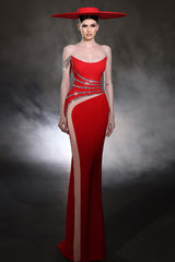 Designer Column Tulle Satin One Shoulder Sleeveless Red Prom Dresses With Beading