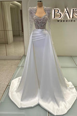 Designer Column Tulle Satin Sweetheart Long Sleeve Prom Dress With Rhinestone