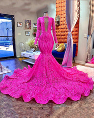 Designer Fuchsia Long Sleeves V-neck Mermaid Sparkle Long Prom Dress-misshow.com