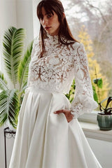 Designer Long A-line High Neck Lace Wedding Dresses With Long Sleeves-misshow.com