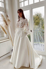 Designer Long A-line High Neck Lace Wedding Dresses With Long Sleeves-misshow.com