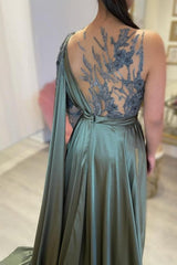 Designer Long A-line Lace Split Evening Dresses With Long Sleeve-misshow.com