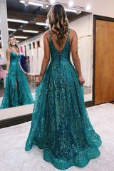 Designer Long A-line Spaghetti Straps Lace Sleeveless Prom Dress With Slit-misshow.com