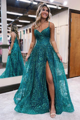 Designer Long A-line Spaghetti Straps Lace Sleeveless Prom Dress With Slit-misshow.com