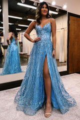 Designer Long A-line Spaghetti Straps Lace Sleeveless Prom Dress With Slit-misshow.com