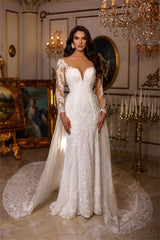 Designer Long A-line V-neck Lace Appliques Wedding Dresses With Long Sleeves-misshow.com