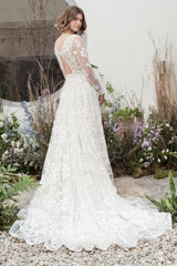 Designer Long A-Line V-neck Lace Wedding Dresses With Long Sleeves-misshow.com