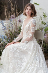 Designer Long A-Line V-neck Lace Wedding Dresses With Long Sleeves-misshow.com