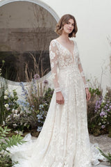 Designer Long A-Line V-neck Lace Wedding Dresses With Long Sleeves-misshow.com