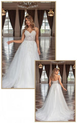 Designer Long A-line V-neck Tulle Sleeveless Wedding Dresses With Lace-misshow.com