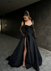 Designer Long Black A-line Lace Sleeveless Prom Dress With Slit-misshow.com