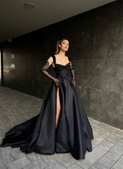 Designer Long Black A-line Lace Sleeveless Prom Dress With Slit-misshow.com