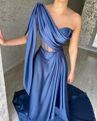 Designer Long Blue A-line One Shoulder Sleeveless Prom Dress-misshow.com