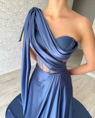 Designer Long Blue A-line One Shoulder Sleeveless Prom Dress-misshow.com