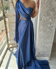 Designer Long Blue A-line One Shoulder Sleeveless Prom Dress-misshow.com