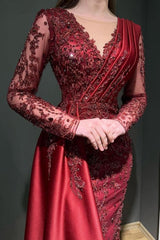 Designer Long Burgundy Lace Beading Mermaid Evening Dresses With Long Sleeves-misshow.com