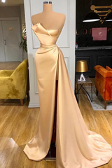 Designer Long Champagne A-line Sleeveless Split Prom Dress With Train-misshow.com