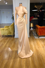 Designer Long Champagne Mermaid Satin Prom Dress With Long Sleeves-misshow.com