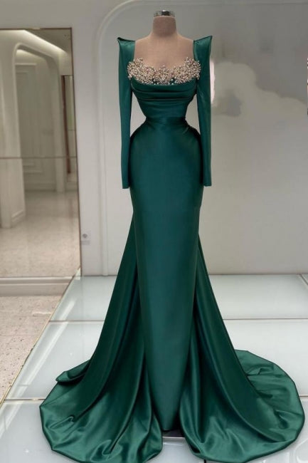 Designer Long Dark Green Beading Pearls Mermaid Prom Dresses with Long Sleeves